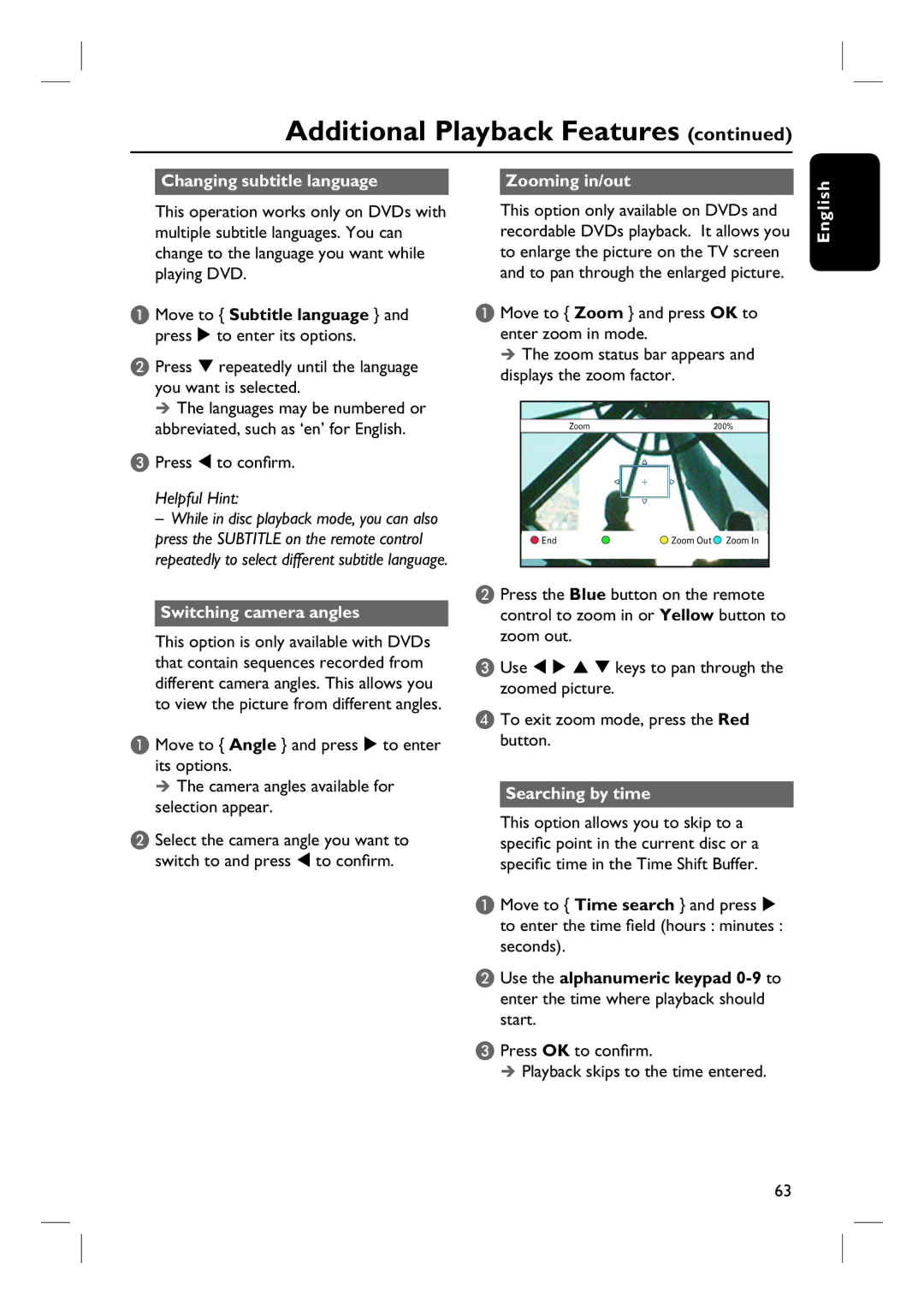 ProForm DVDR3570H user manual Changing subtitle language Zooming in/out, Move to Subtitle language, Switching camera angles 