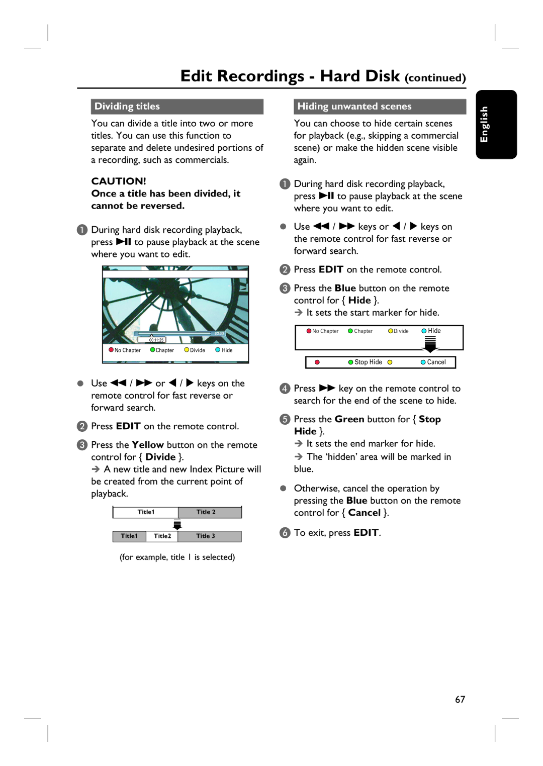 ProForm DVDR3570H user manual Dividing titles Hiding unwanted scenes, Once a title has been divided, it cannot be reversed 