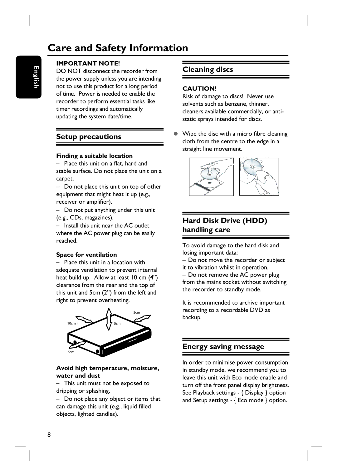 ProForm DVDR3570H Care and Safety Information, Setup precautions, Cleaning discs, Hard Disk Drive HDD handling care 