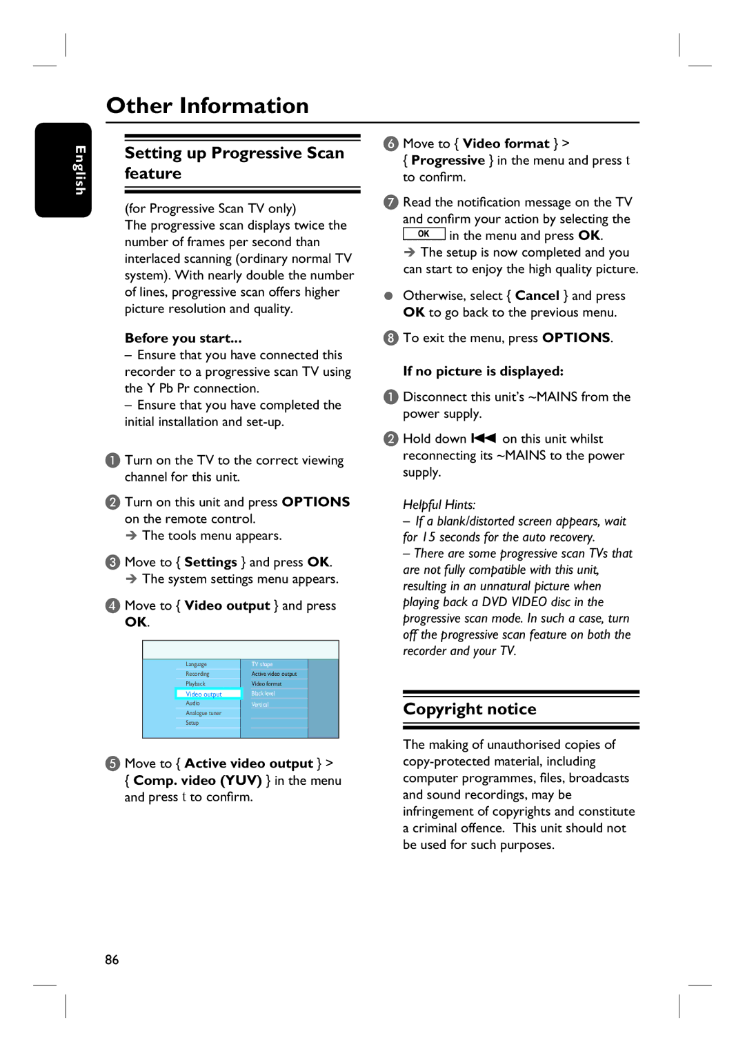 ProForm DVDR3570H Other Information, Setting up Progressive Scan feature, Copyright notice, If no picture is displayed 