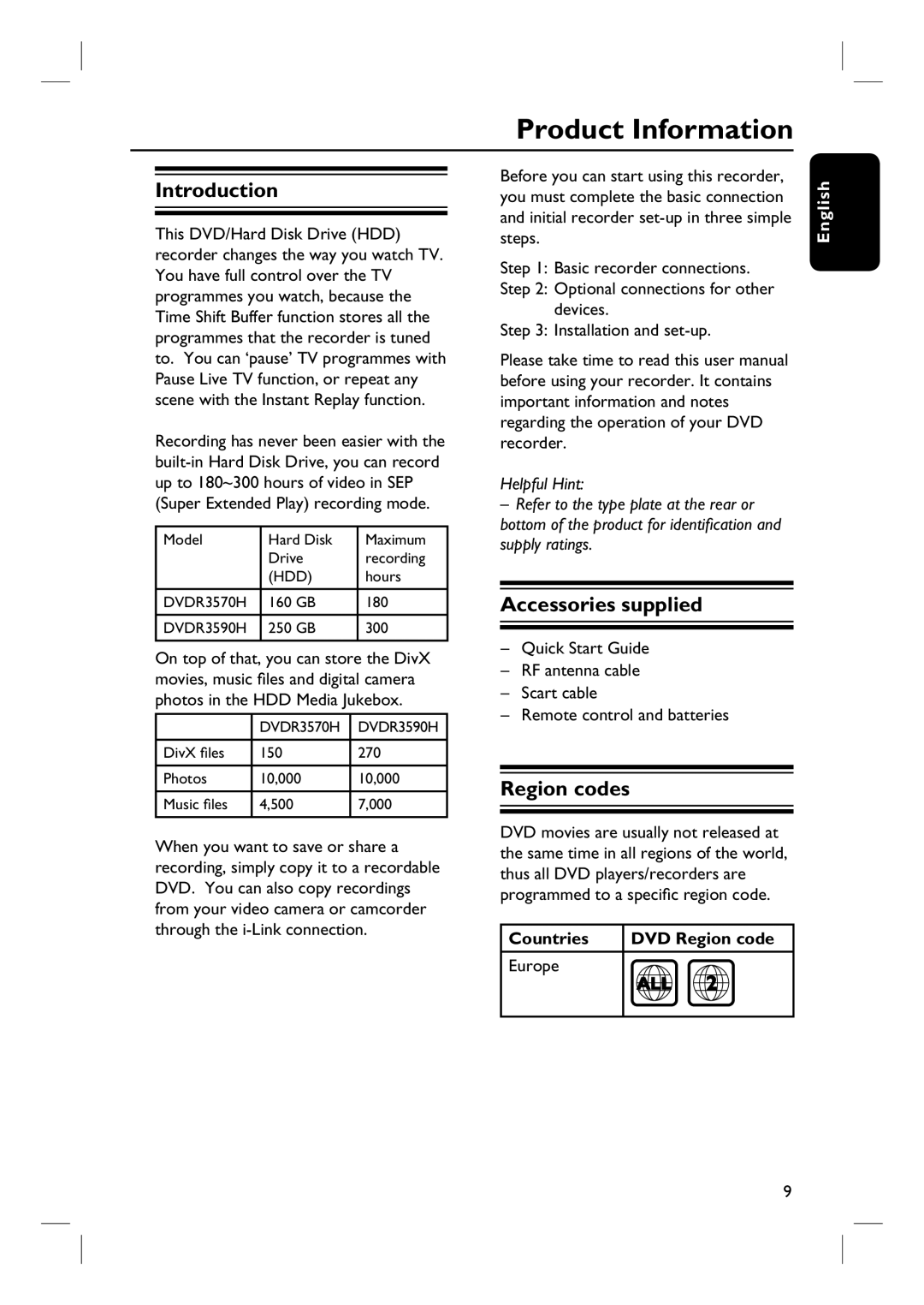 ProForm DVDR3570H Product Information, Introduction, Accessories supplied, Region codes, Countries DVD Region code 