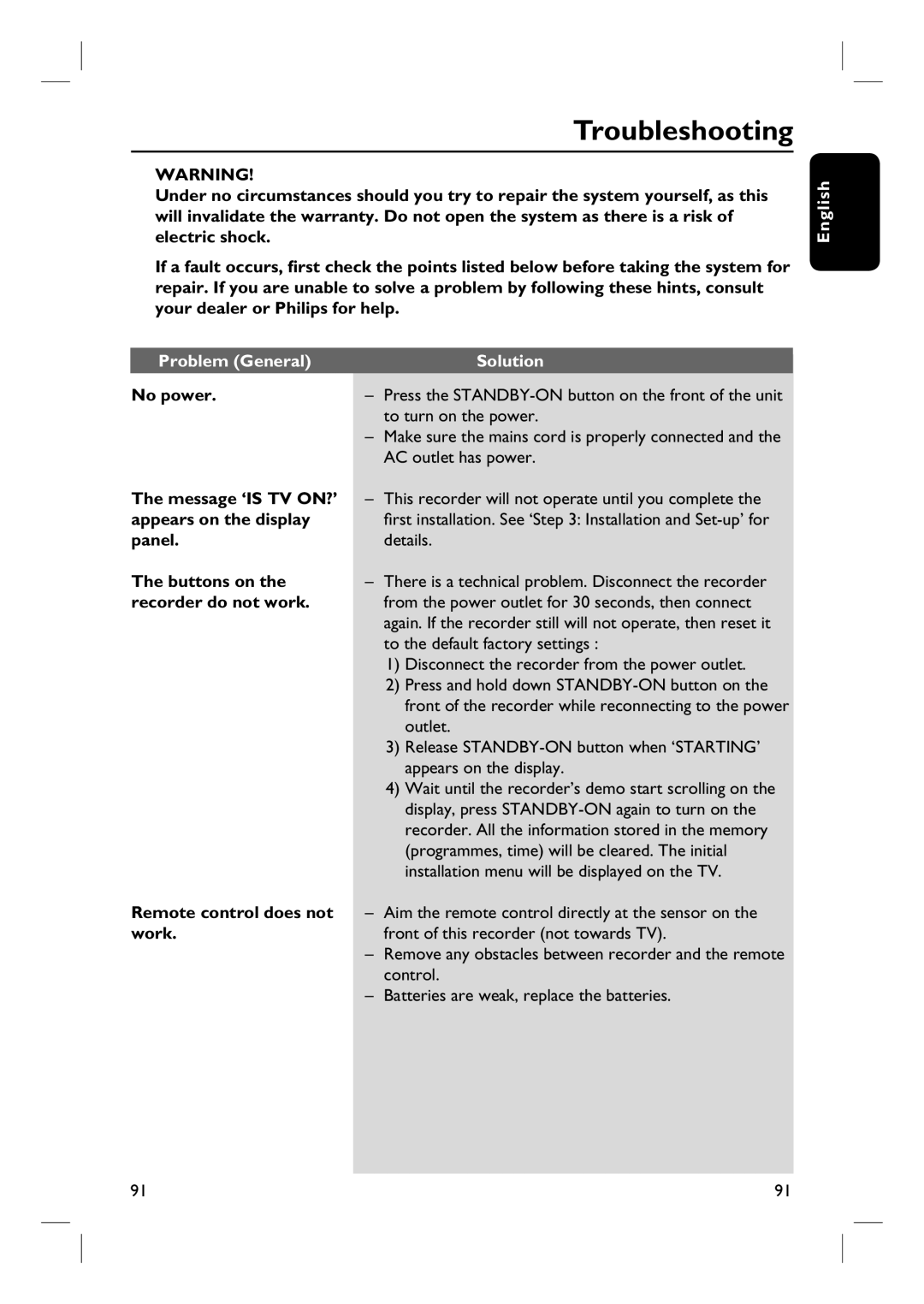 ProForm DVDR3570H user manual Troubleshooting, Problem General Solution, No power, Remote control does not, Work 