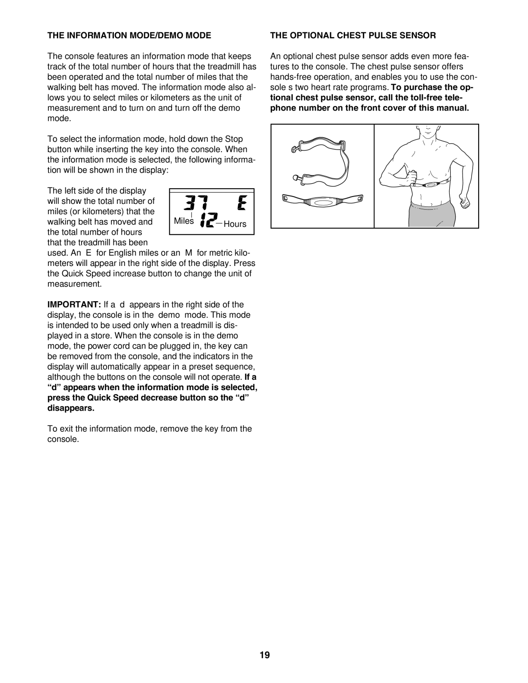 ProForm FTL59106.0 user manual Information MODE/DEMO Mode, Optional Chest Pulse Sensor 