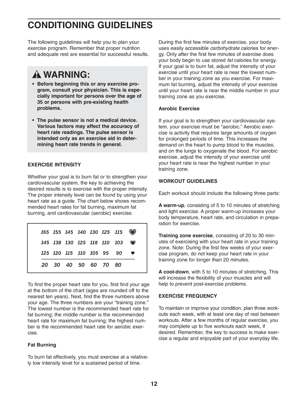 ProForm GT 30 user manual Conditioning Guidelines, Exercise Intensity, Workout Guidelines, Exercise Frequency 