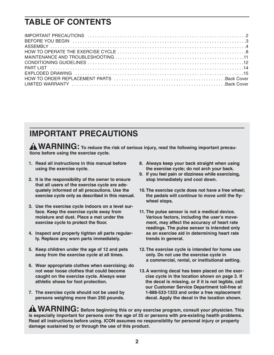 ProForm GT 30 user manual Table of Contents, Important Precautions 