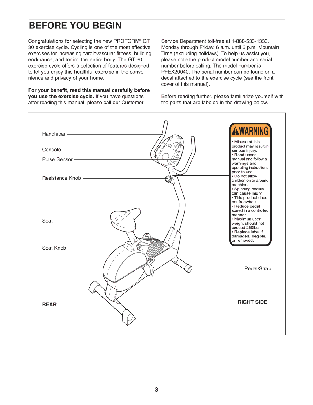 ProForm GT 30 user manual Before YOU Begin, Rear Right Side 