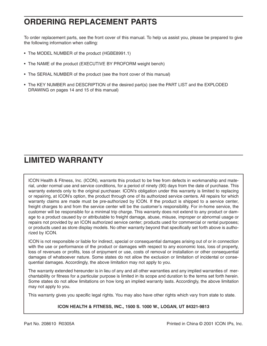 ProForm HGBE8991.1 Ordering Replacement Parts, Limited Warranty, Icon Health & FITNESS, INC., 1500 S W., LOGAN, UT 