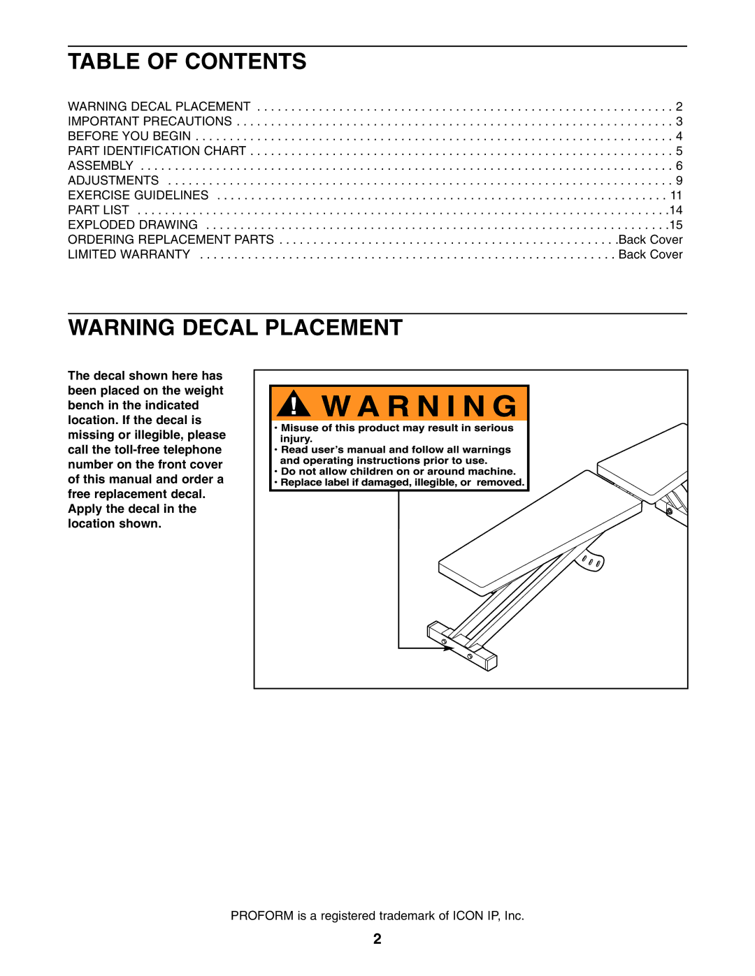 ProForm HGBE8991.1 user manual Table of Contents 