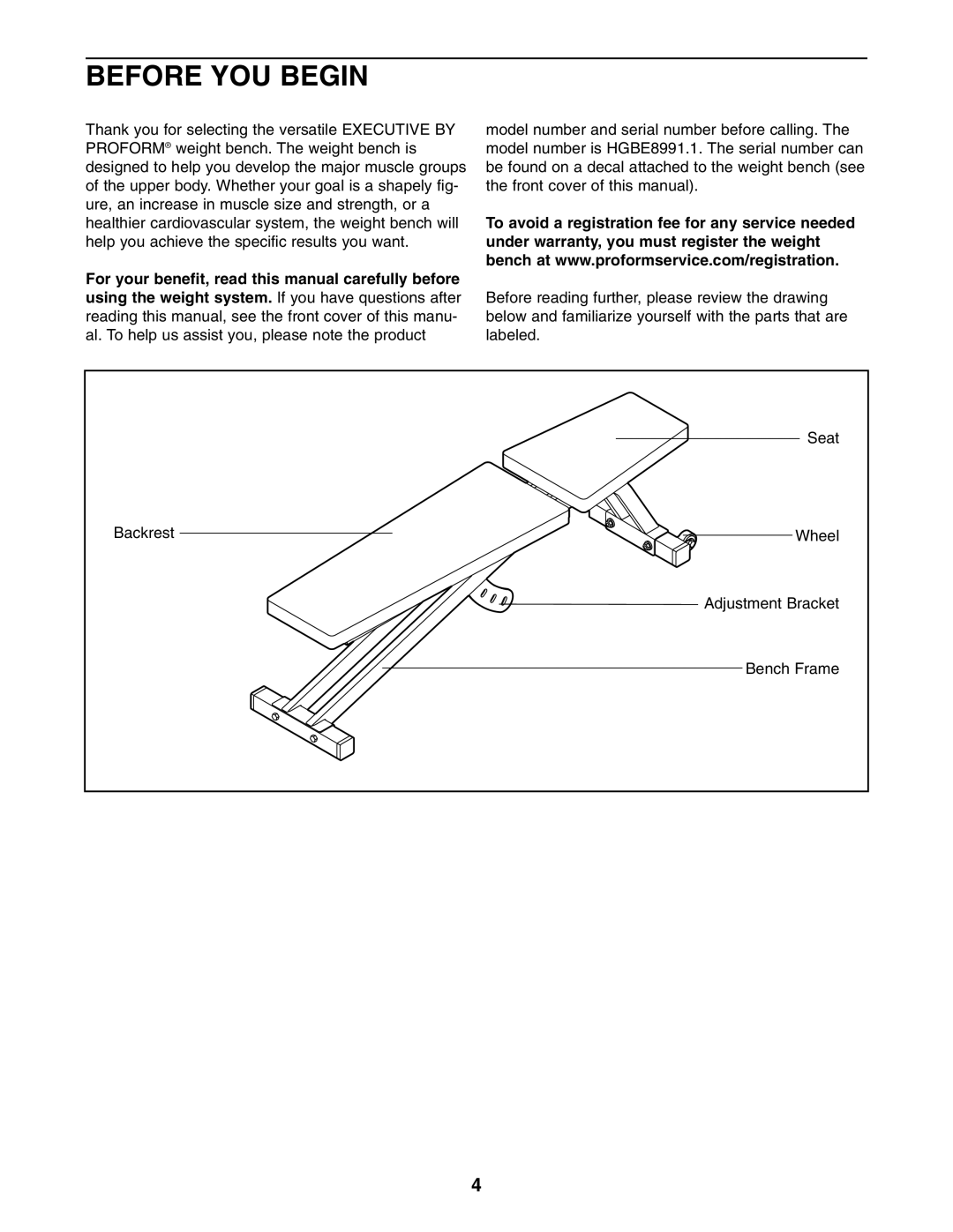 ProForm HGBE8991.1 user manual Before YOU Begin 