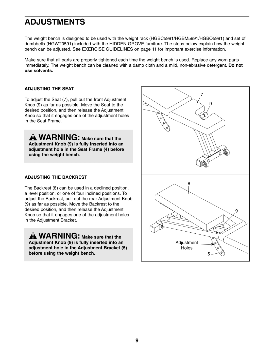 ProForm HGBE8991.1 user manual Adjustments, Adjusting the Seat, Adjusting the Backrest 