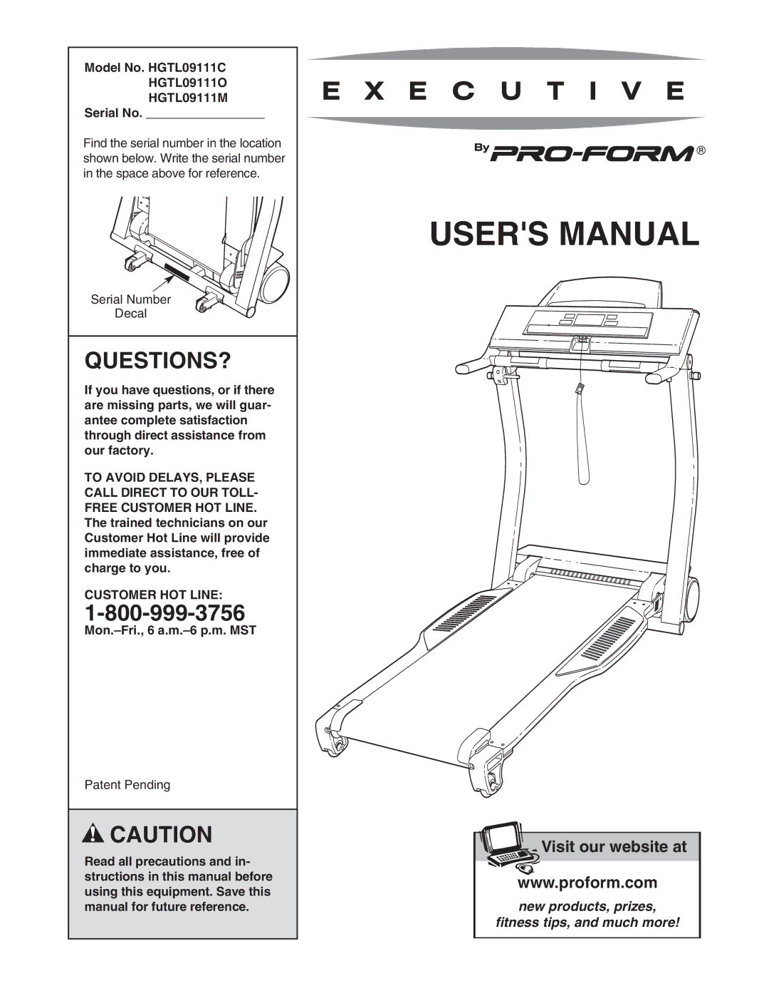 ProForm user manual Questions?, Model No. HGTL09111C HGTL09111O HGTL09111M Serial No, Customer HOT Line 