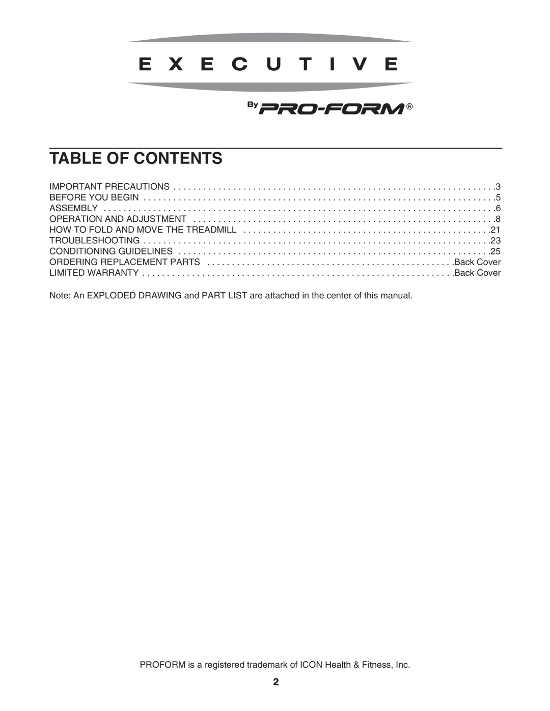ProForm HGTL09111O, HGTL09111M Table Of Contents, PROFORM is a registered trademark of ICON Health & Fitness, Inc 