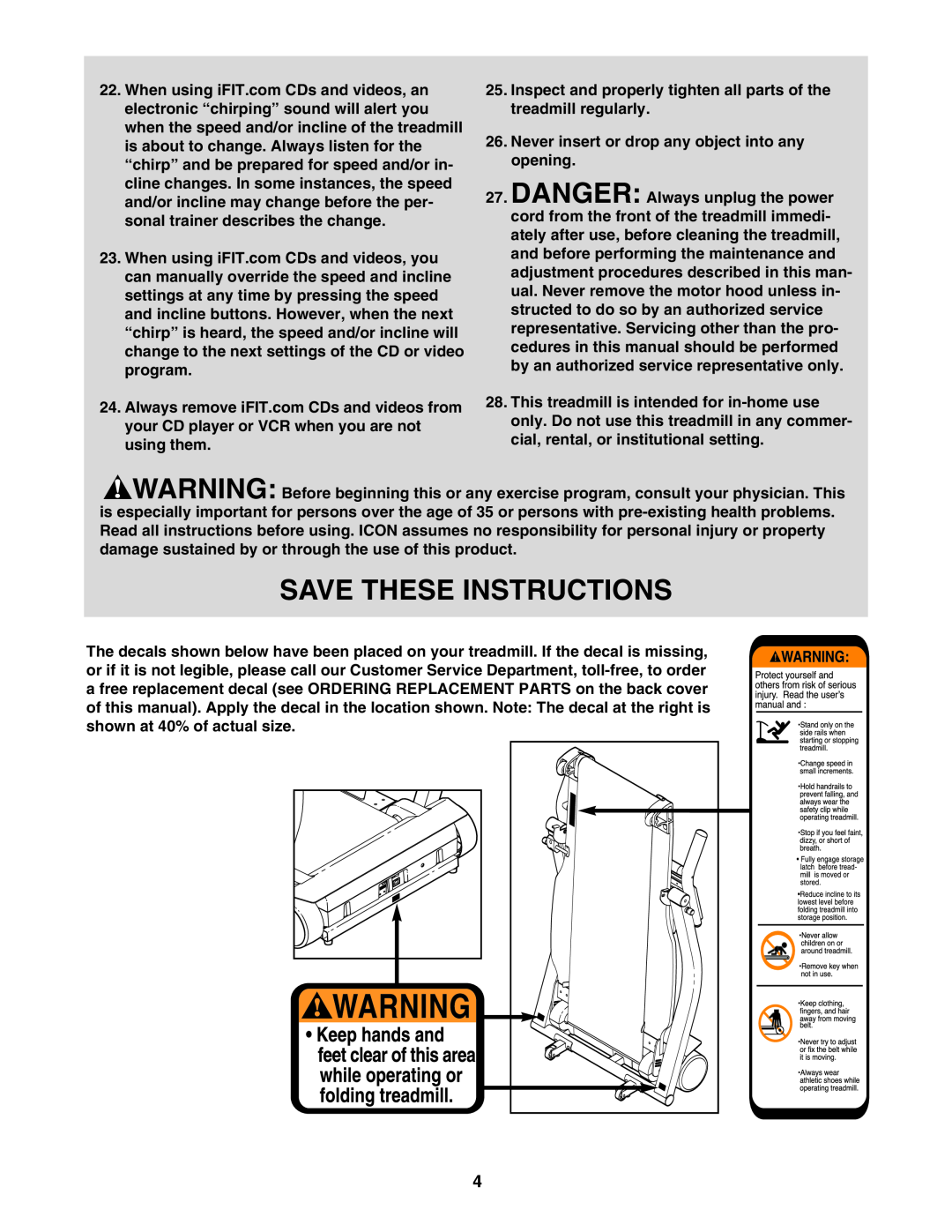 ProForm HGTL09111O, HGTL09111M Save These Instructions, Inspect and properly tighten all parts of the treadmill regularly 