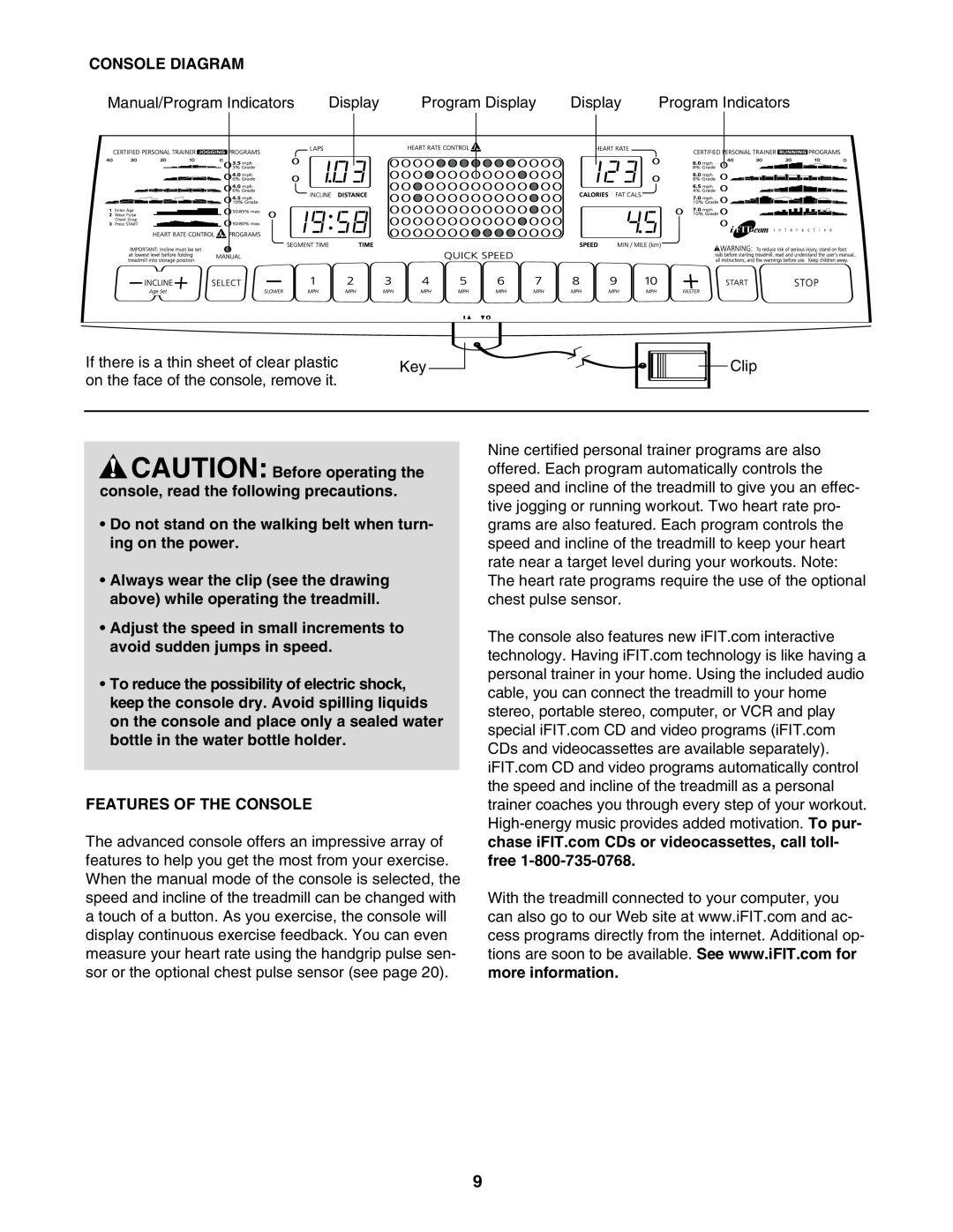 ProForm HGTL09111M, HGTL09111O Console Diagram, CAUTION Before operating the console, read the following precautions 