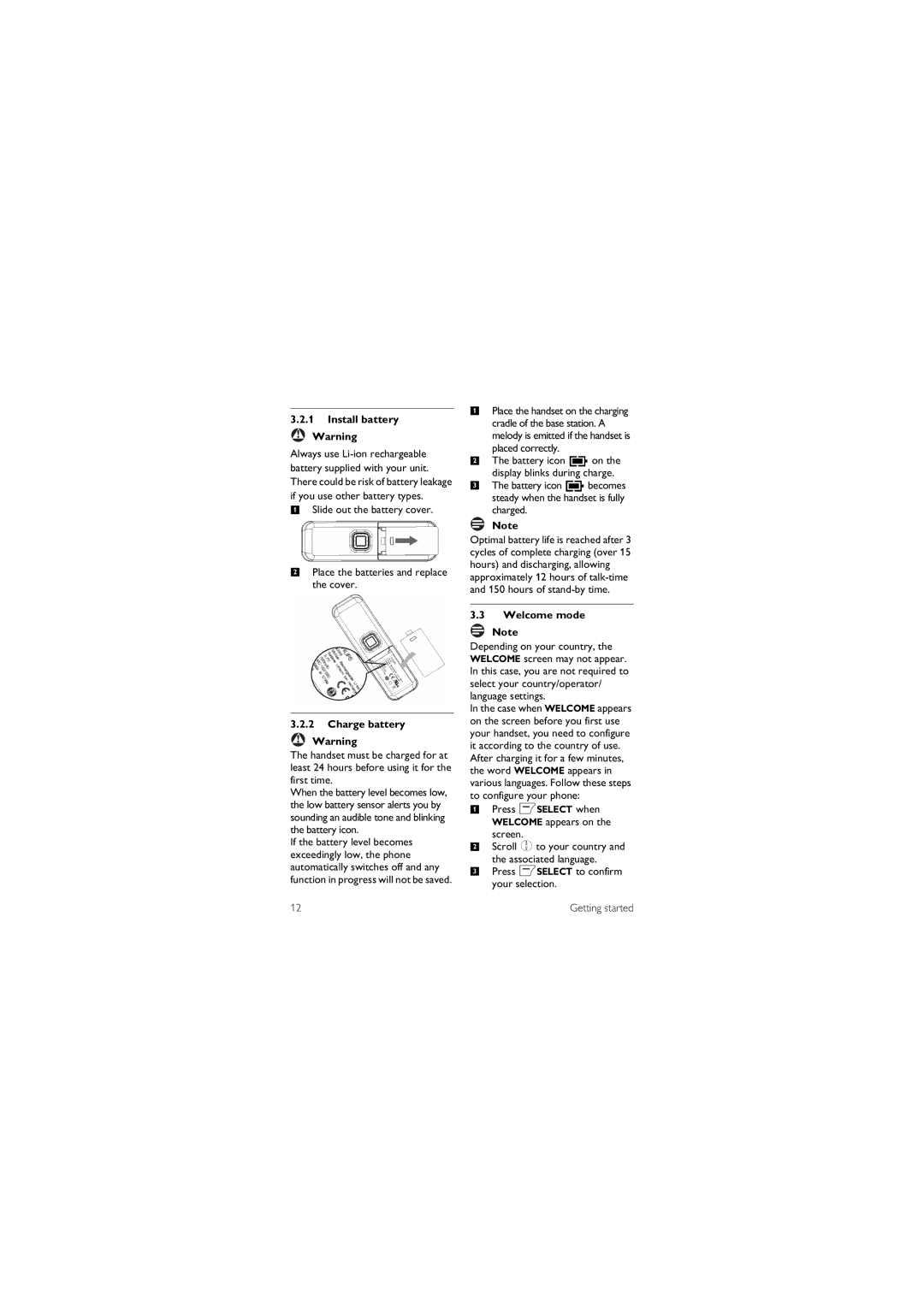 ProForm ID555 manual Install battery, Charge battery, Placed correctly, Welcome mode 