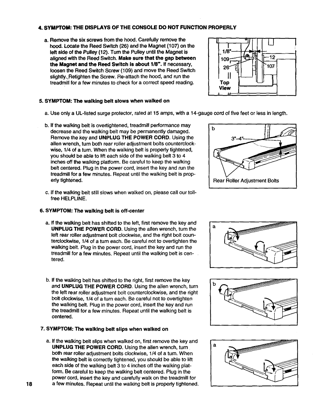 ProForm J81I user manual Symptom the Displays of the Console do not Function, Properly, Rear Roller Adjustment Bolts 