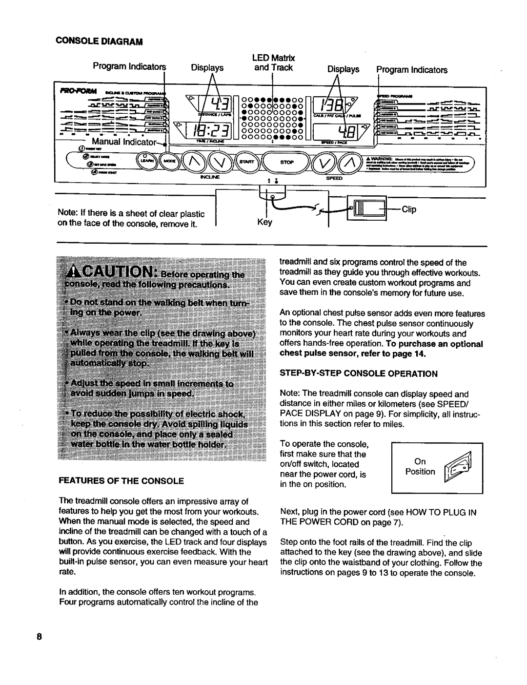 ProForm J81I Console Diagram, Clip, Chest pulse sensor, refer to, STEP-BY-STEP Console Operation, Features of the Console 