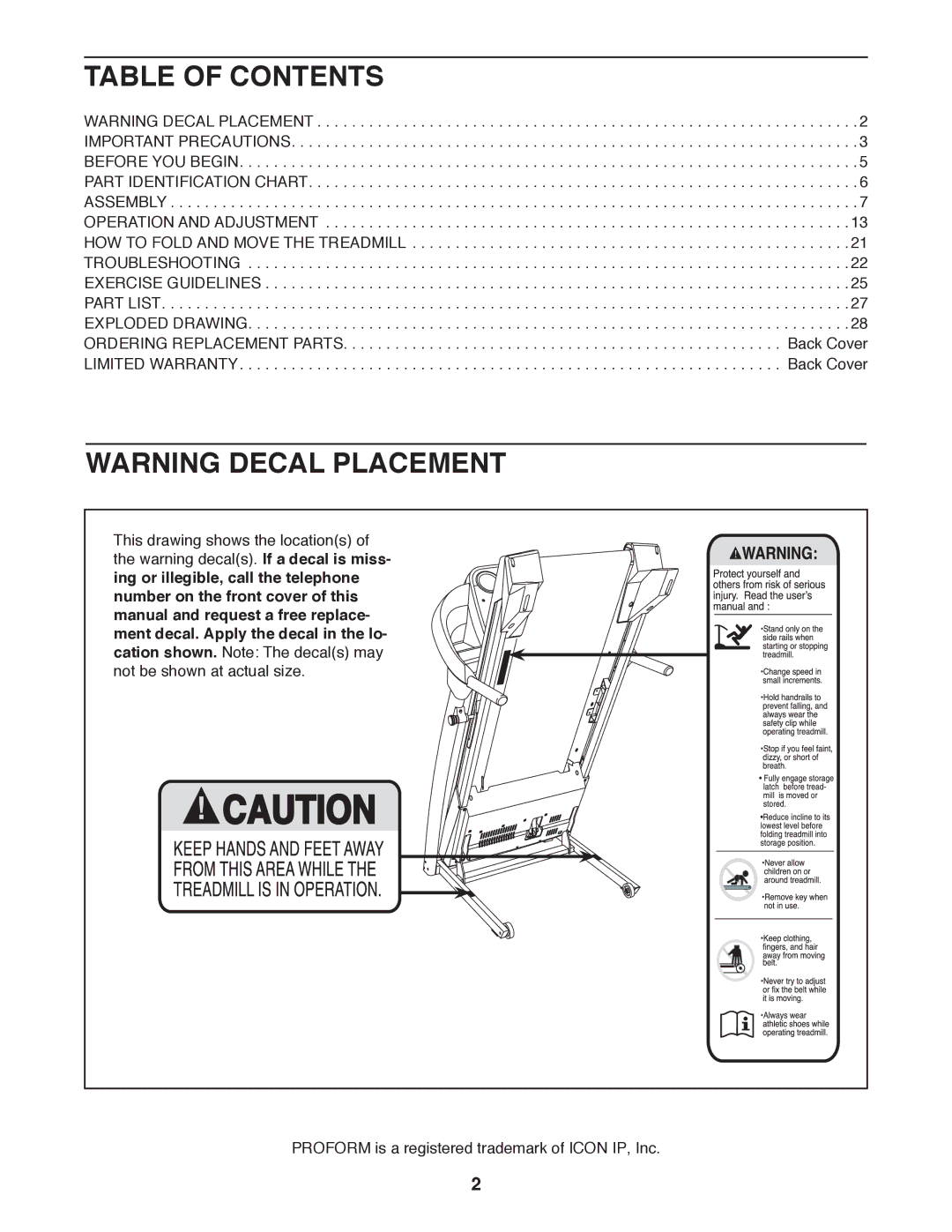 ProForm Lwufp user manual Table of Contents 