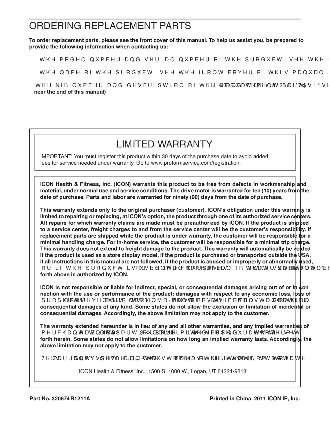 ProForm Lwufp user manual Ordering Replacement Parts, Limited Warranty, Icon Health & Fitness, Inc., 1500 S W., Logan, UT 