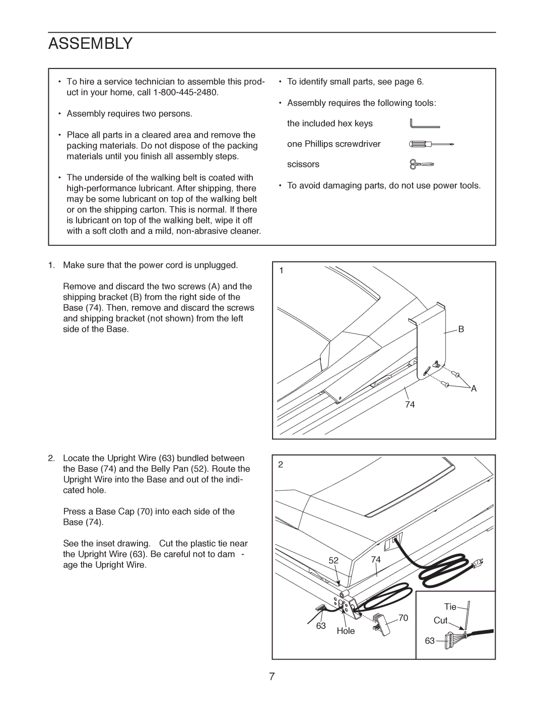 ProForm Lwufp user manual Assembly, Make sure that the power cord is unplugged, Age the Upright Wire 