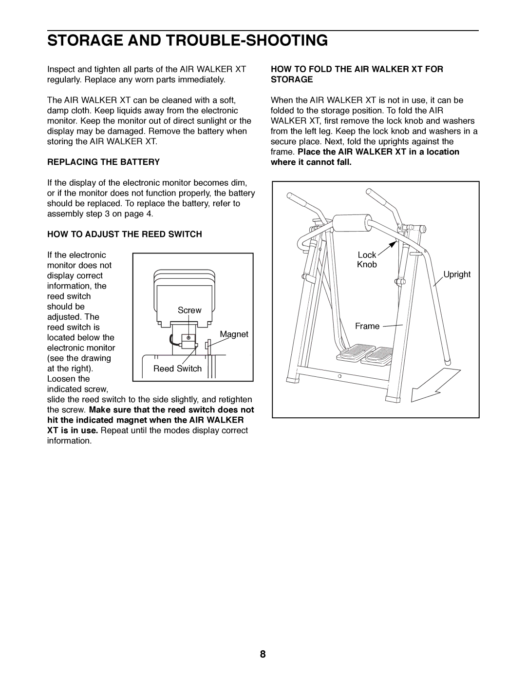 ProForm No. 831.290880 user manual Storage and TROUBLE-SHOOTING, Replacing the Battery, HOW to Adjust the Reed Switch 