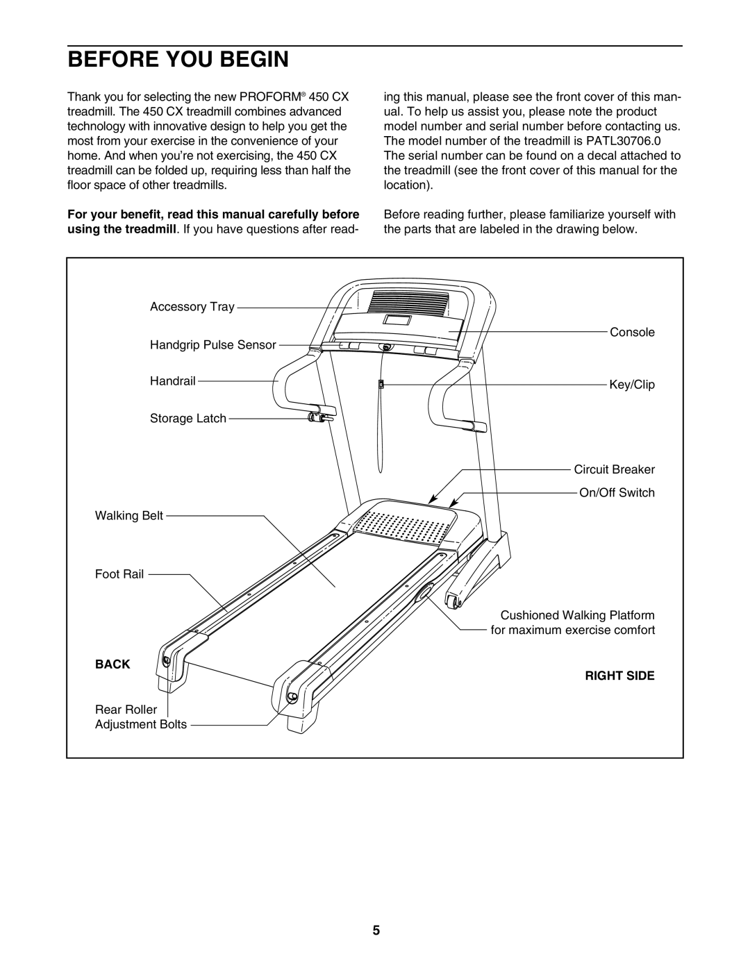 ProForm PATL30706.0 user manual Before YOU Begin, Back Right Side 