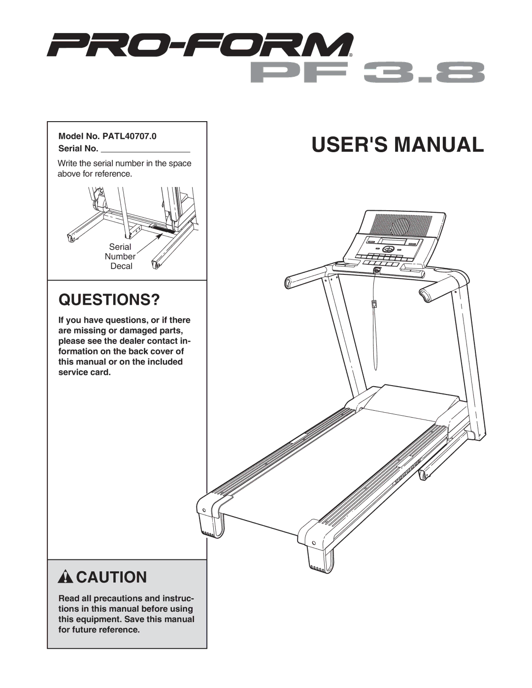 ProForm user manual Questions?, Model No. PATL40707.0 Serial No 