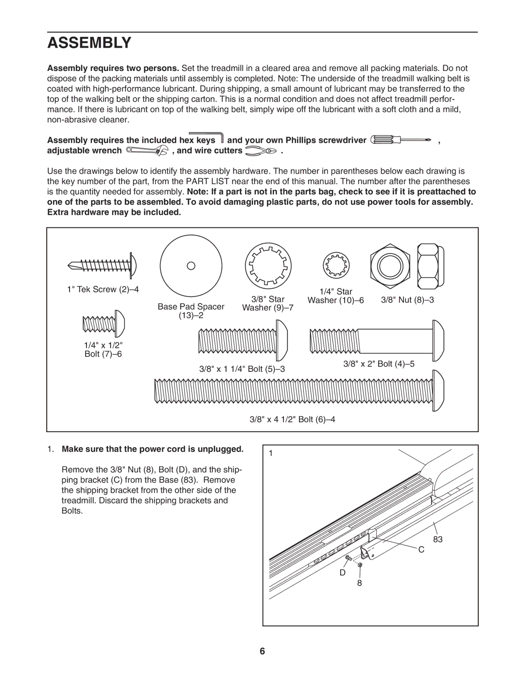 ProForm PATL40707.0 user manual Assembly, Make sure that the power cord is unplugged 