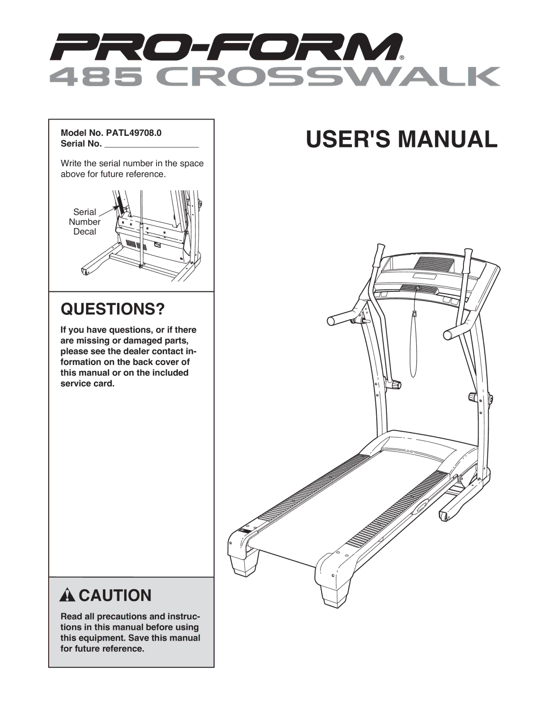 ProForm user manual Questions?, Model No. PATL49708.0 Serial No 