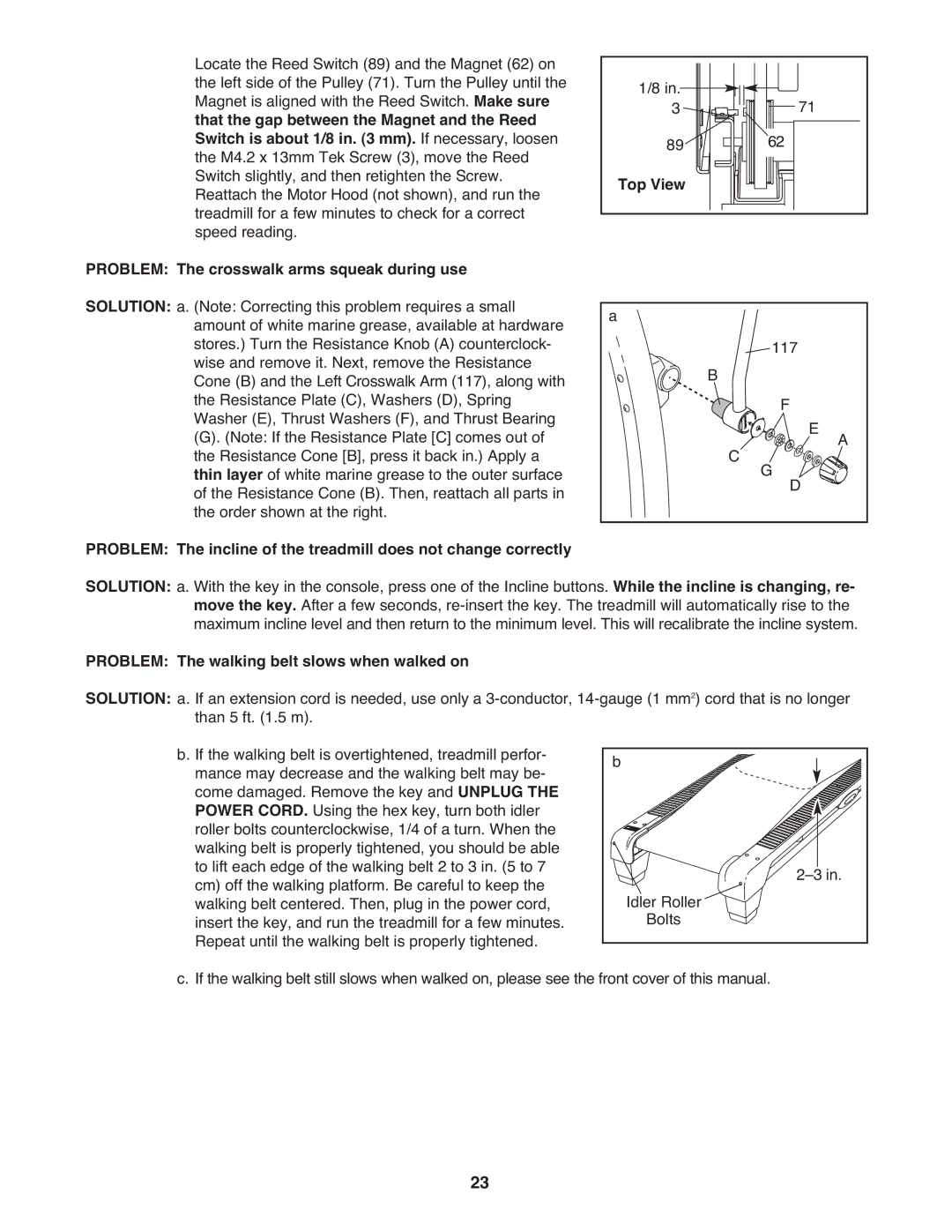 ProForm PATL49708.0 user manual Problem The crosswalk arms squeak during use, Problem The walking belt slows when walked on 