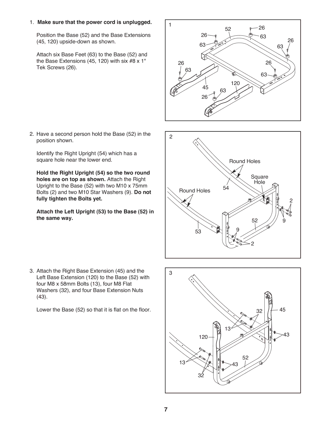 ProForm PATL49708.0 user manual Make sure that the power cord is unplugged, Hold the Right Upright 54 so the two round 