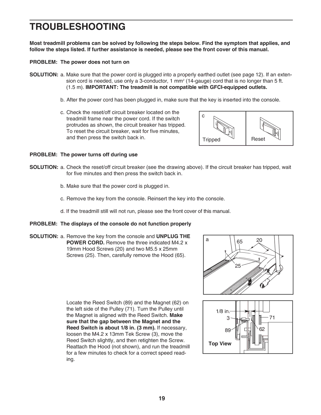 ProForm PATL50707.0 user manual Troubleshooting, Problem The power turns off during use, Top View 