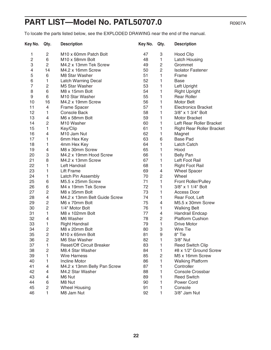 ProForm PATL50707.0 user manual R0907A, Qty Description 