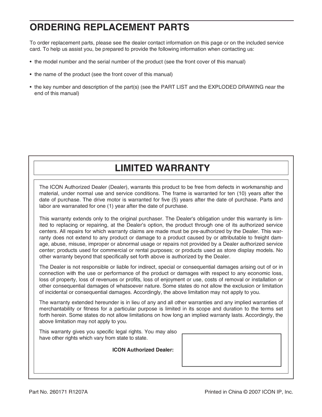 ProForm PATL50707.0 user manual Ordering Replacement Parts, Limited Warranty, Icon Authorized Dealer 