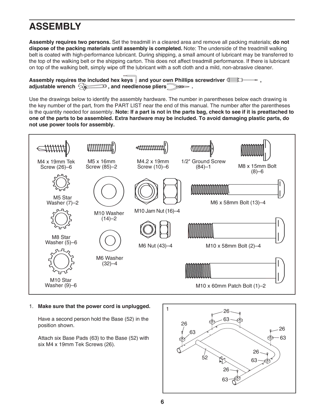 ProForm PATL50707.0 user manual Assembly, Make sure that the power cord is unplugged 