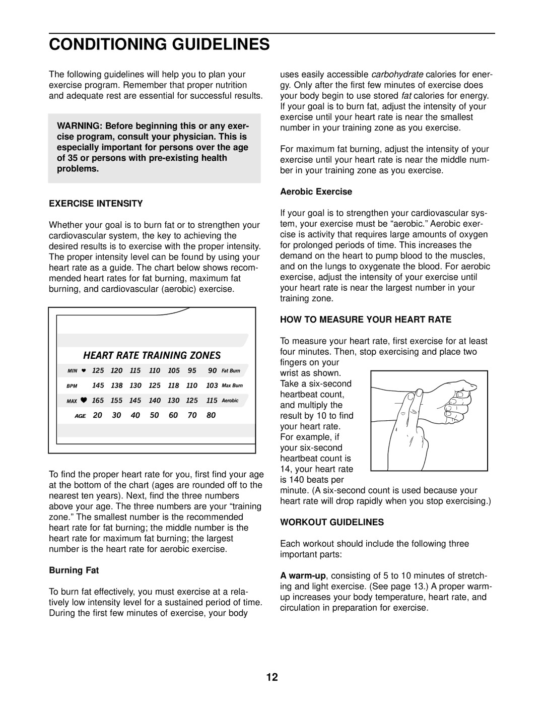 ProForm PCEL87070 Conditioning Guidelines, Exercise Intensity, HOW to Measure Your Heart Rate, Workout Guidelines 