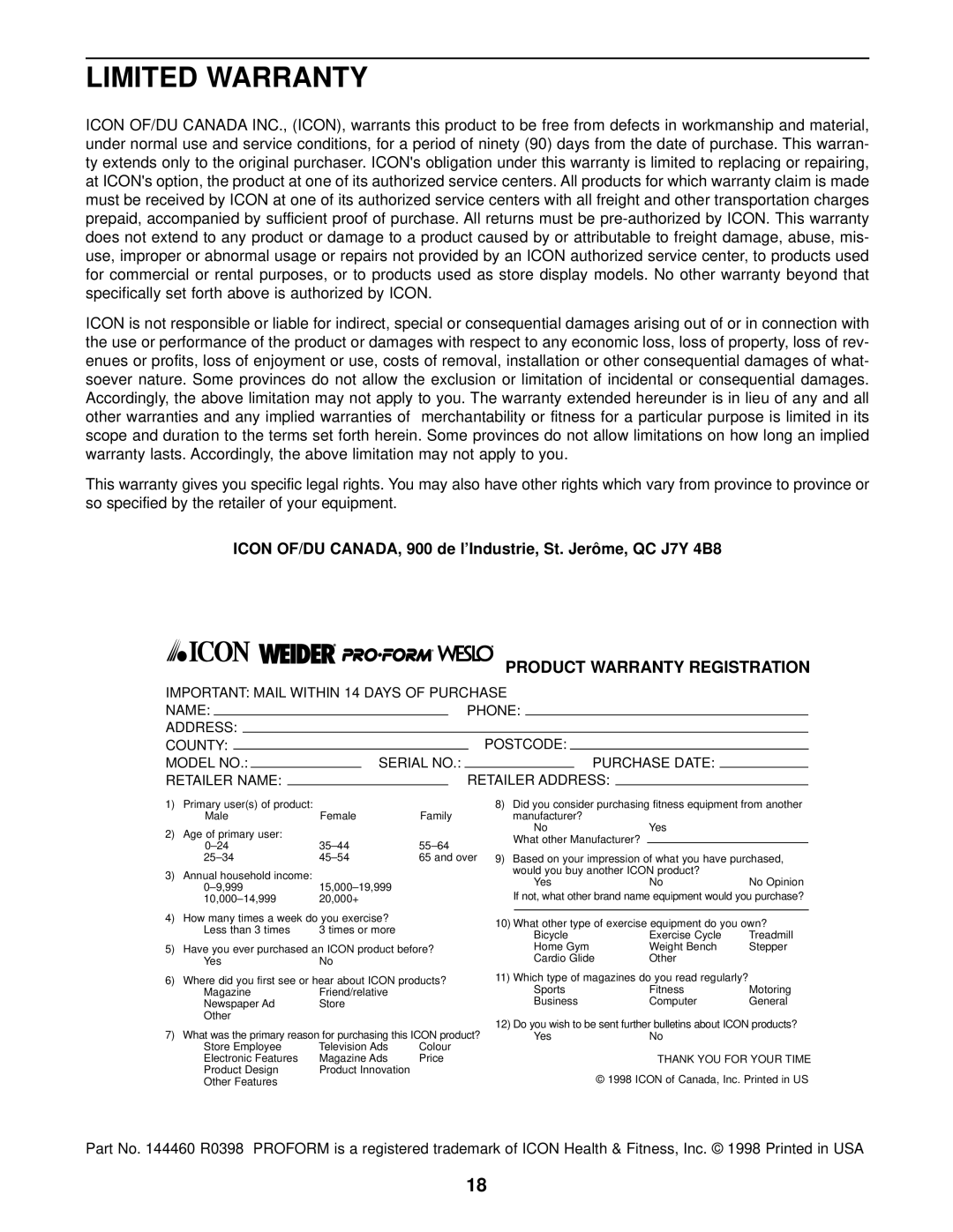 ProForm PCEL87070 user manual Limited Warranty, Product Warranty Registration 