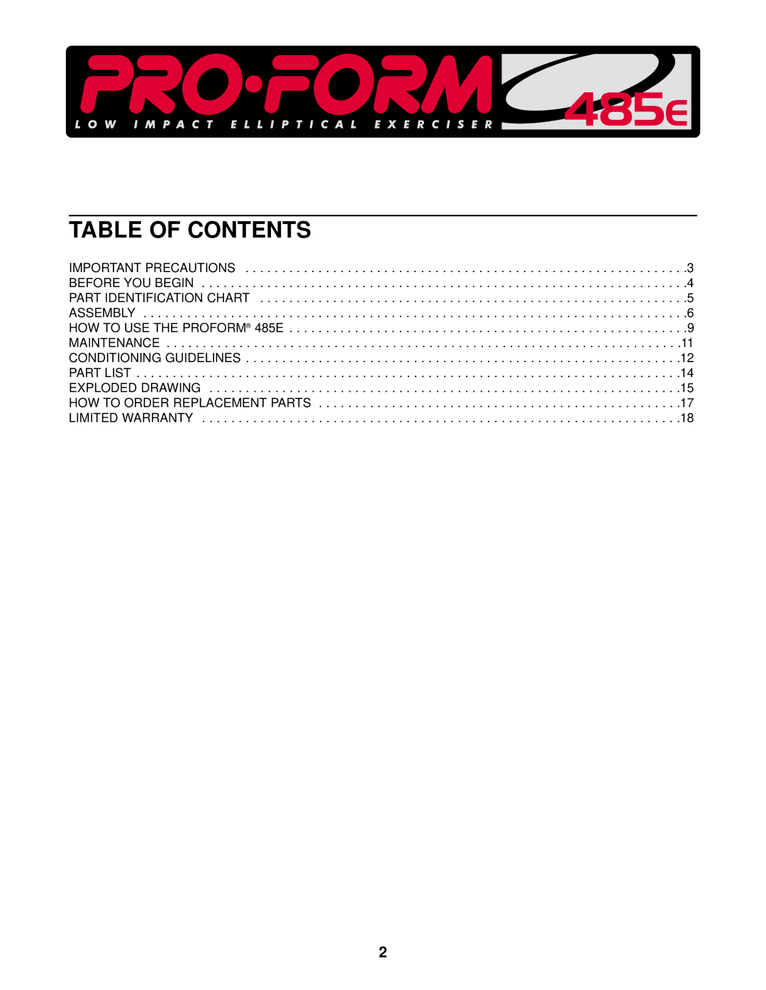 ProForm PCEL87070 user manual Table of Contents 