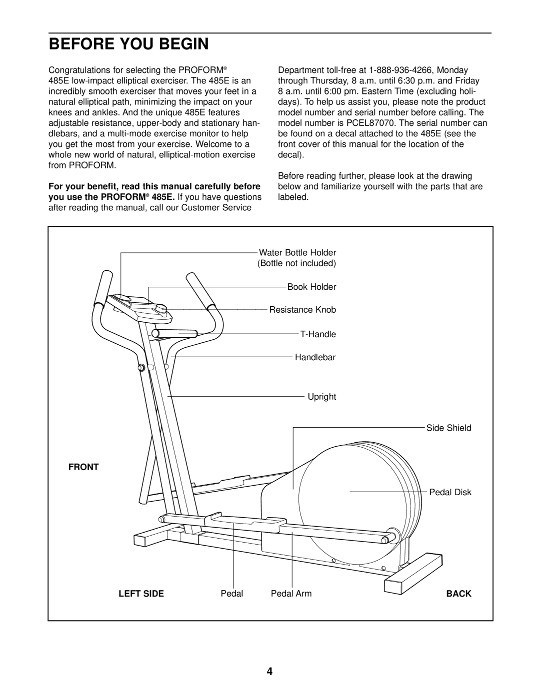 ProForm PCEL87070 user manual Before YOU Begin, You use the Proform, Front, Left Side 