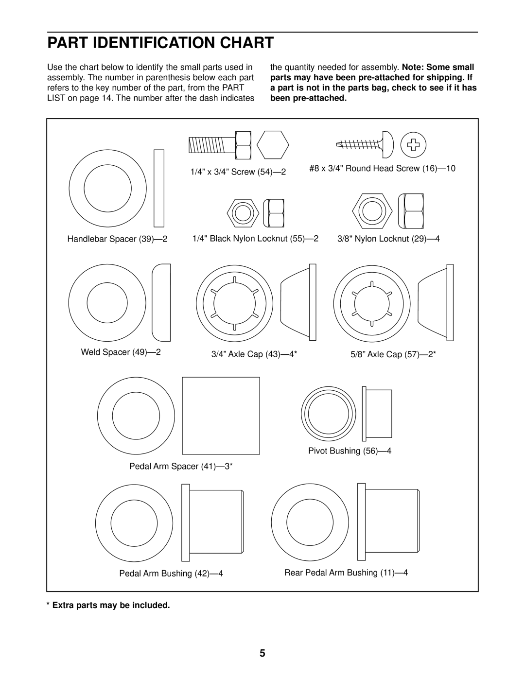 ProForm PCEL87070 user manual Part Identification Chart, Been pre-attached, Extra parts may be included 