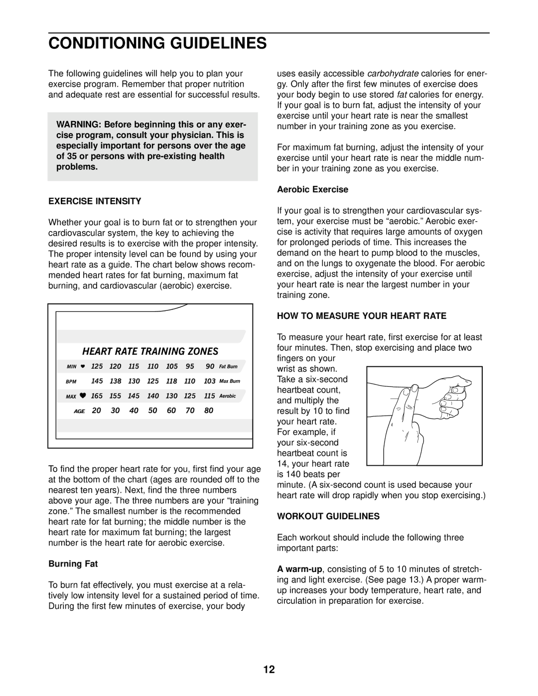 ProForm PCEL87075 Conditioning Guidelines, Exercise Intensity, HOW to Measure Your Heart Rate, Workout Guidelines 