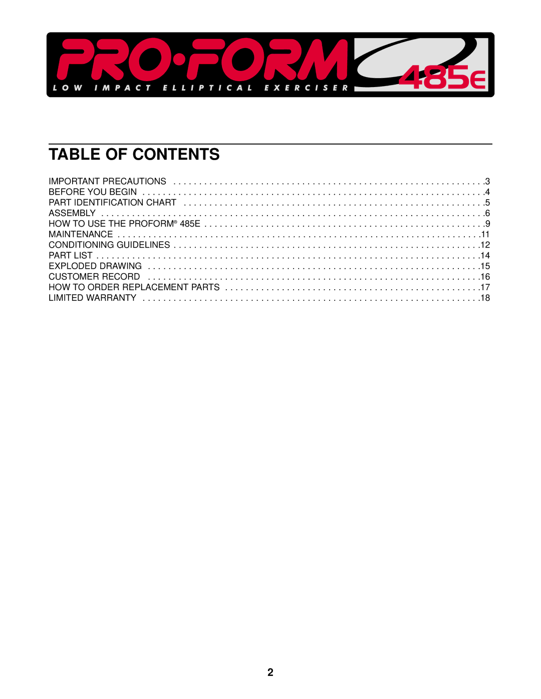 ProForm PCEL87075 user manual Table of Contents 