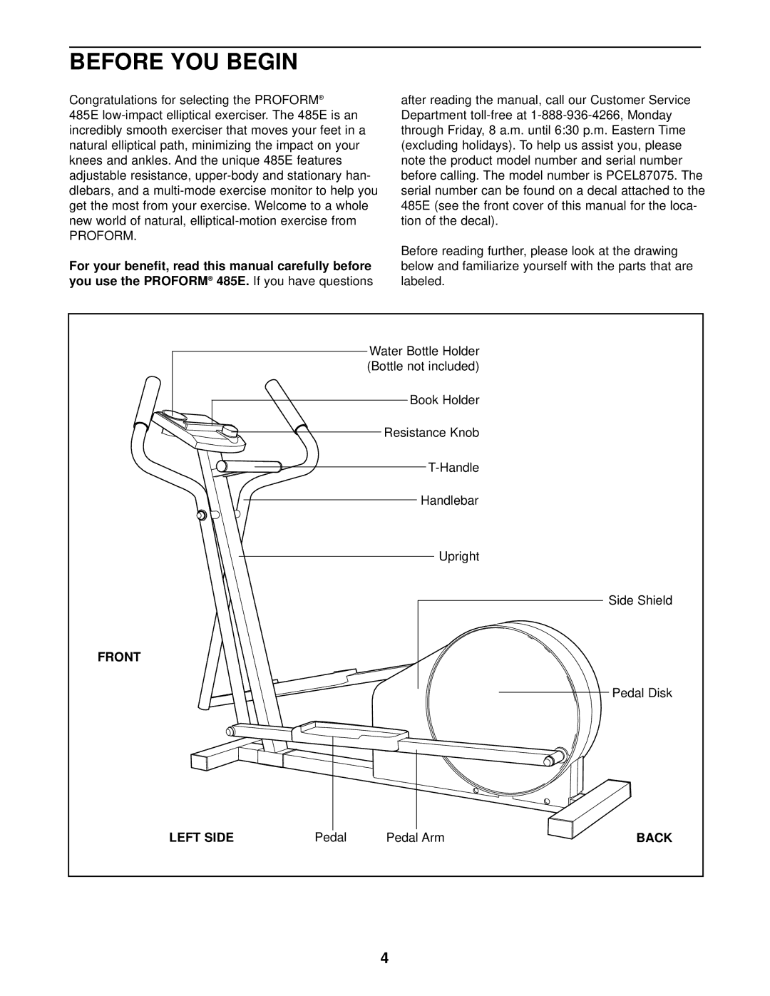 ProForm PCEL87075 user manual Before YOU Begin, You use the Proform, Front, Left Side 