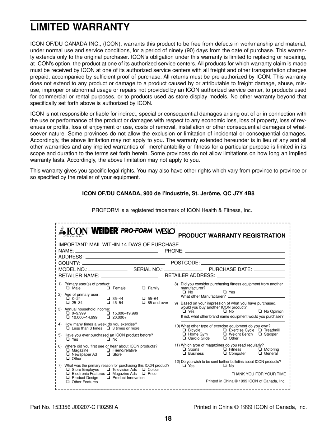 ProForm PCEL87076 user manual Limited Warranty, J00207-C R 0299 a 