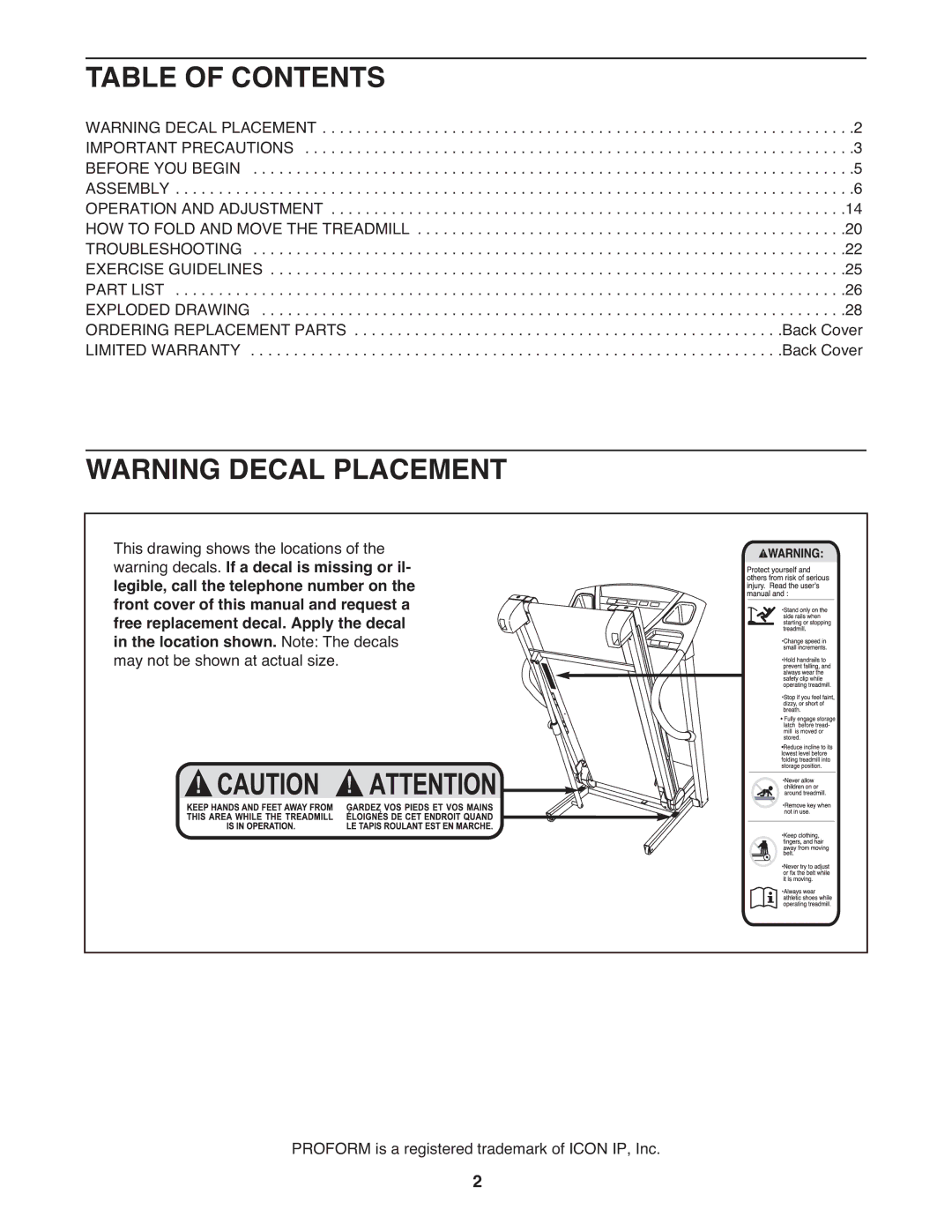 ProForm PCTL04509.0 manual Table of Contents 