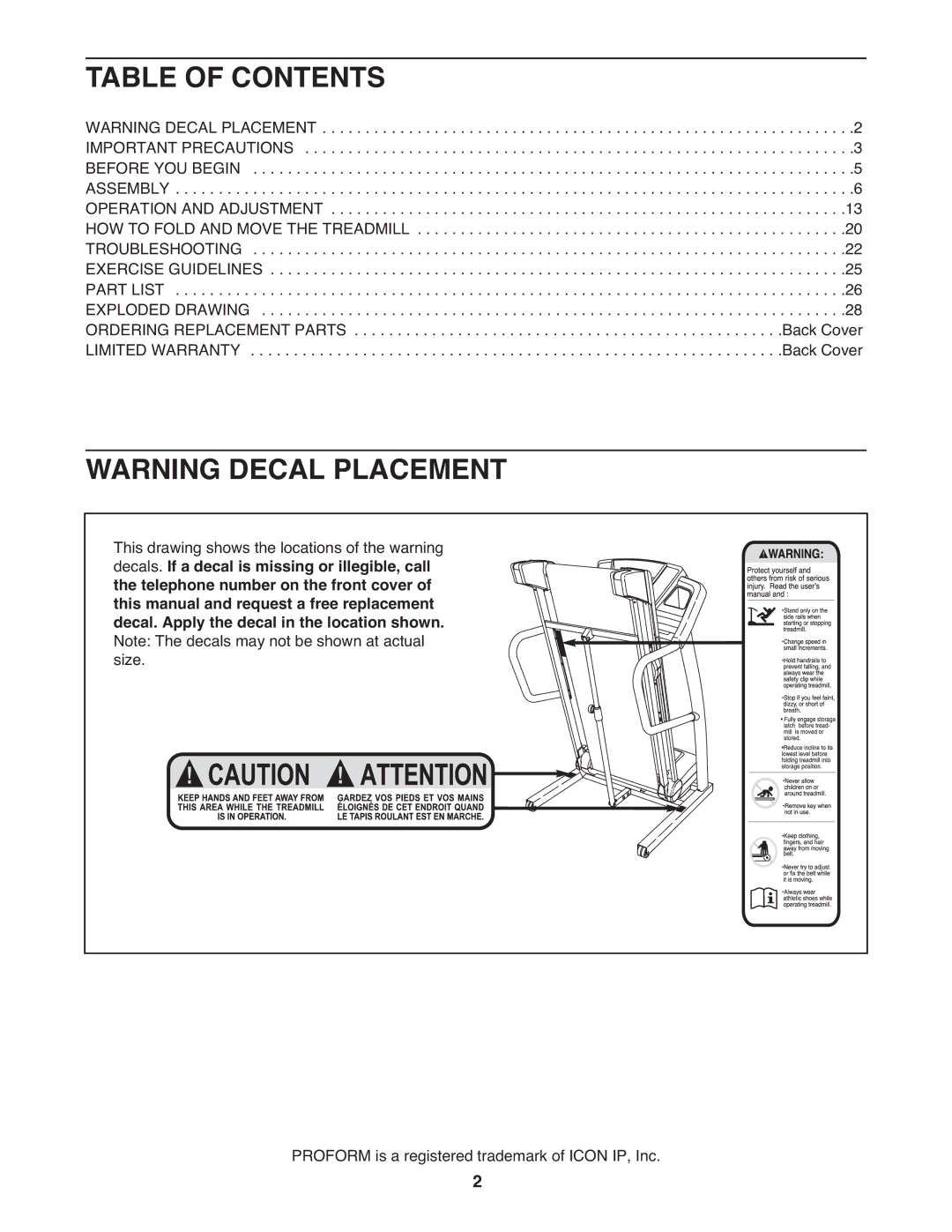 ProForm PCTL12009.0 user manual Table of Contents 