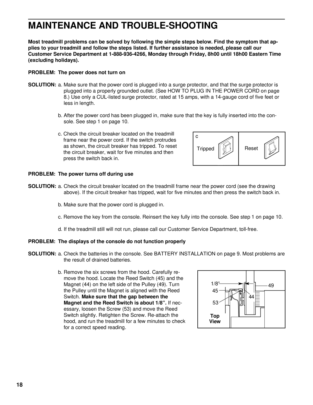 ProForm PCTL50071 user manual Maintenance and TROUBLE-SHOOTING, Problem The power turns off during use, Top 