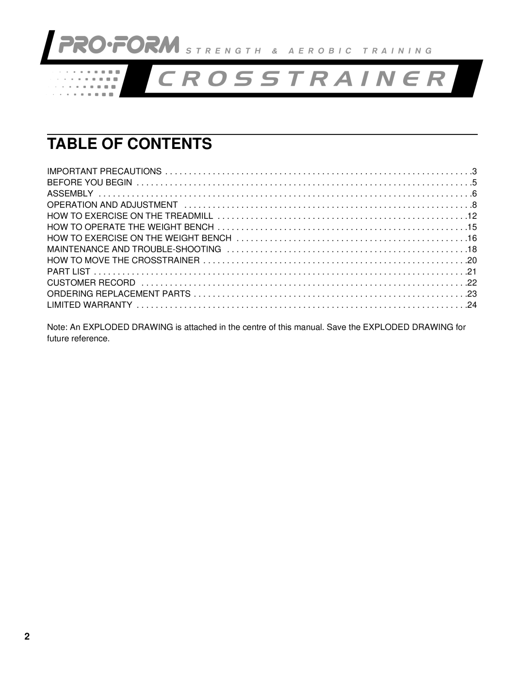 ProForm PCTL50071 user manual Table of Contents 