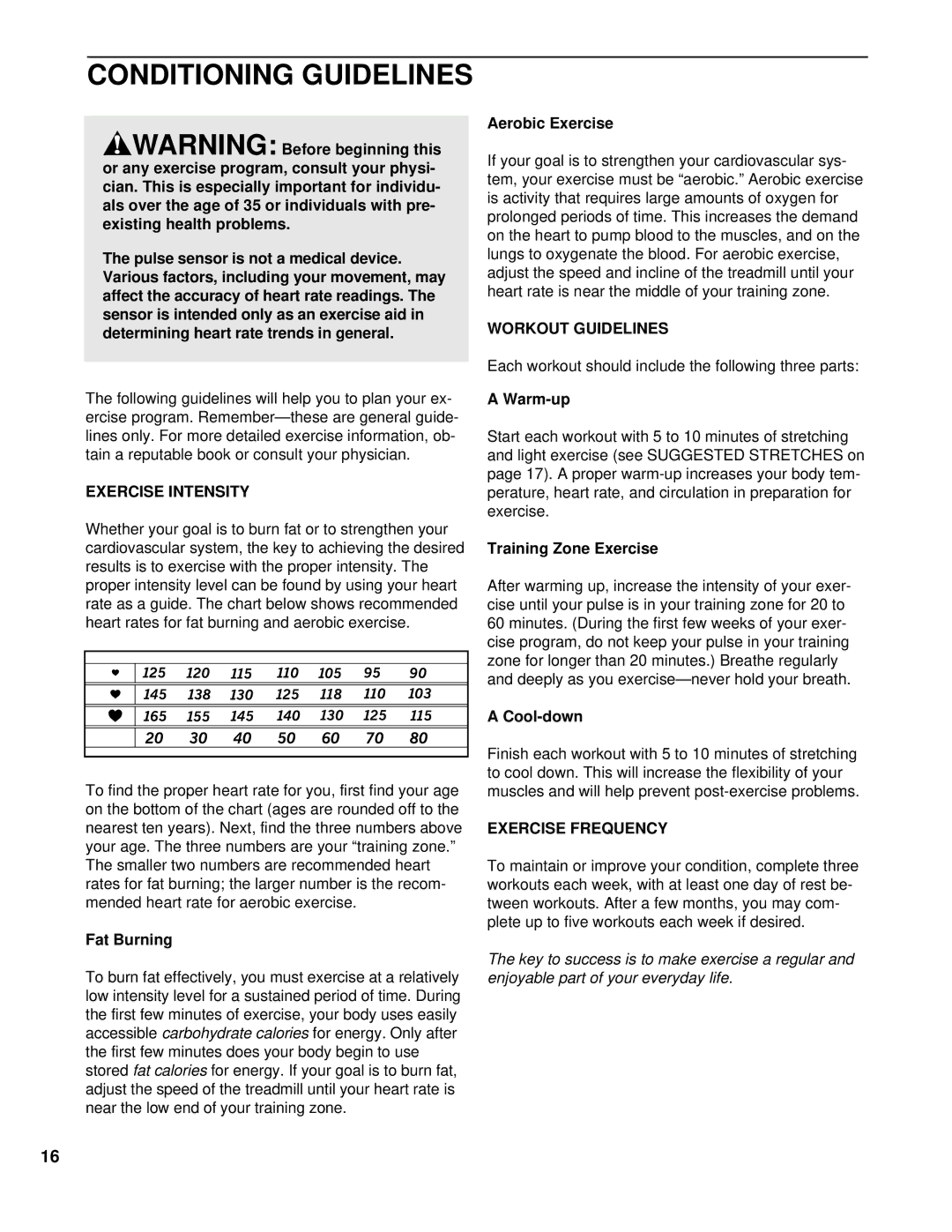 ProForm PCTL53590 user manual Conditioning Guidelines, Workout Guidelines, Exercise Intensity, Exercise Frequency 