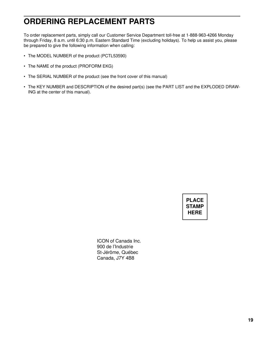 ProForm PCTL53590 user manual Ordering Replacement Parts 